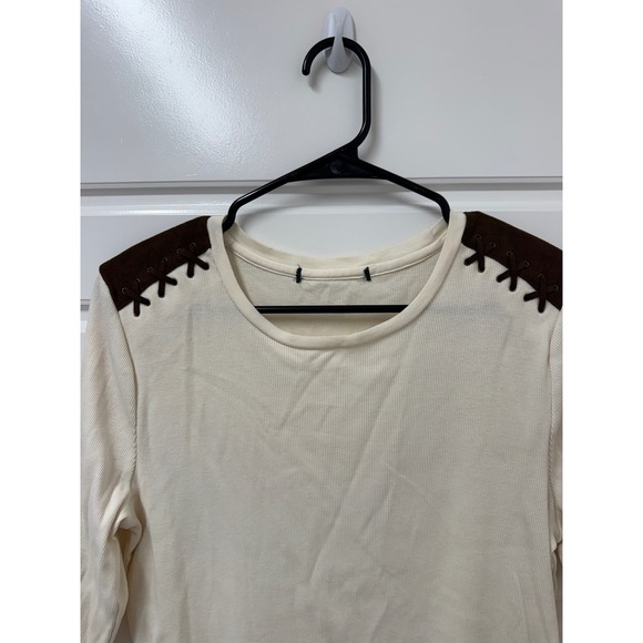 Tops - Cream Ribbed Knit Top Brown Faux Suede Lace Up Shoulder 3/4 Sleeve Crew Neck